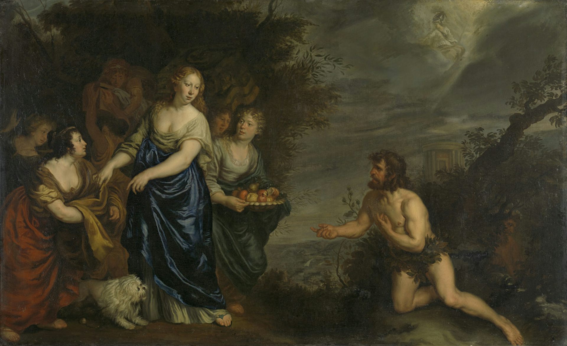 a naked man with loin cloth rising from bushes to speak to young women