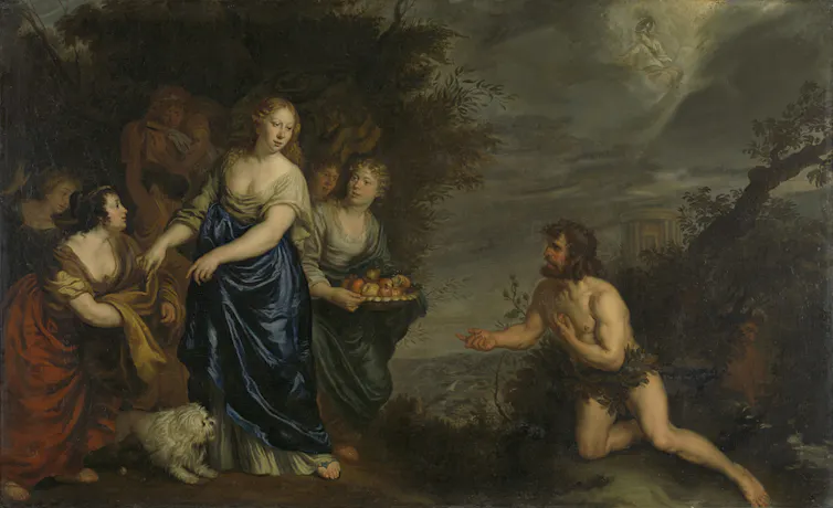 a naked man with loin cloth rising from bushes to speak to young women