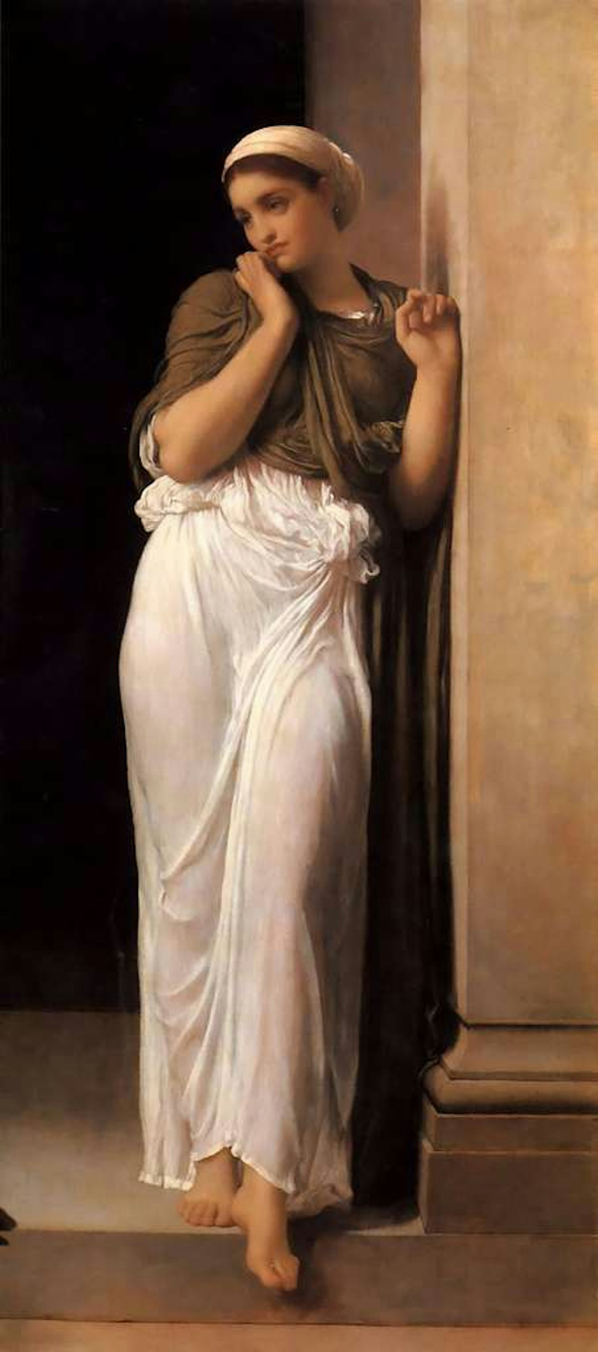 a young woman in a white sheet skirt, head wrapped in cloth