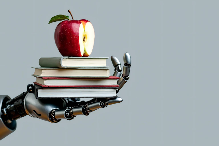A robot hand holding a stack of books