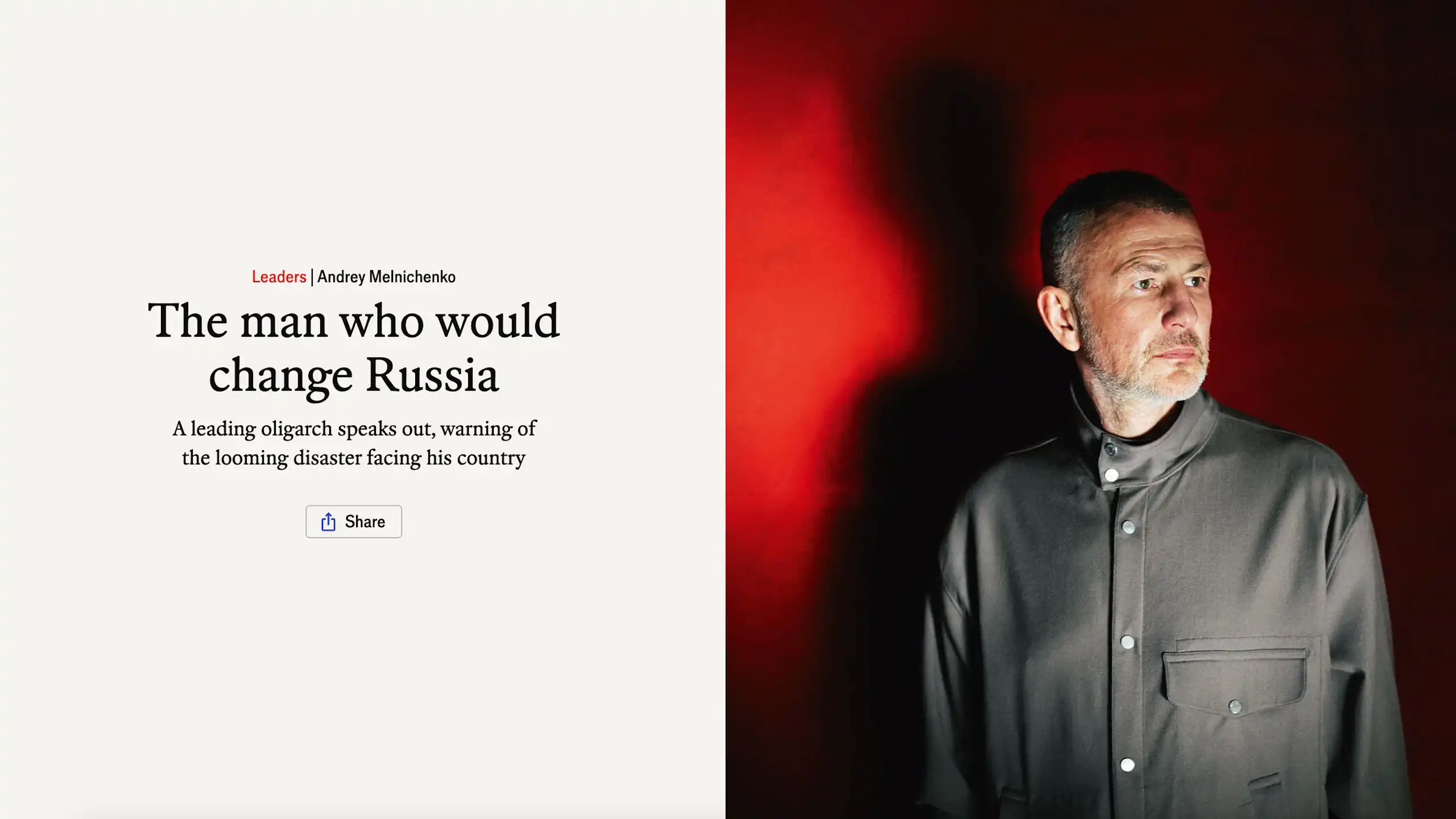 Portrait photo pleine page de Melnitchenko en regard du titre du dossier : « L’homme qui pourrait changer la Russie »