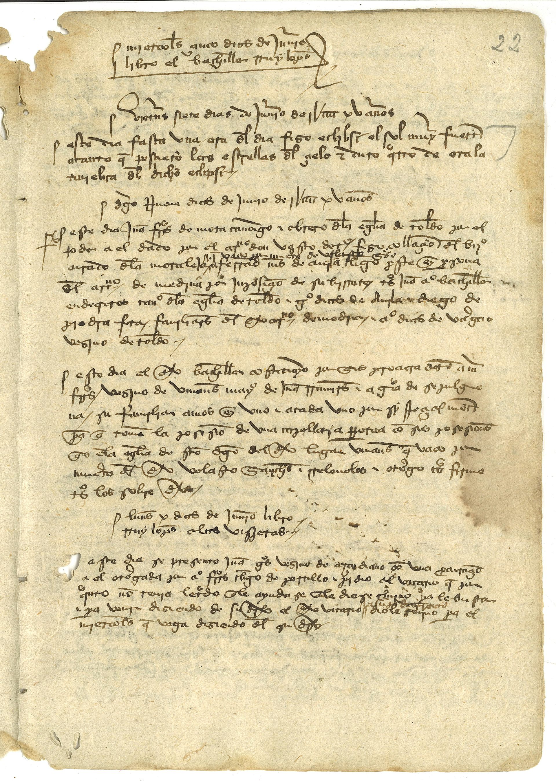 Noticia del eclipse del 7 de junio de 1415 en el registro de Juan Alfonso, notario de Toledo. 