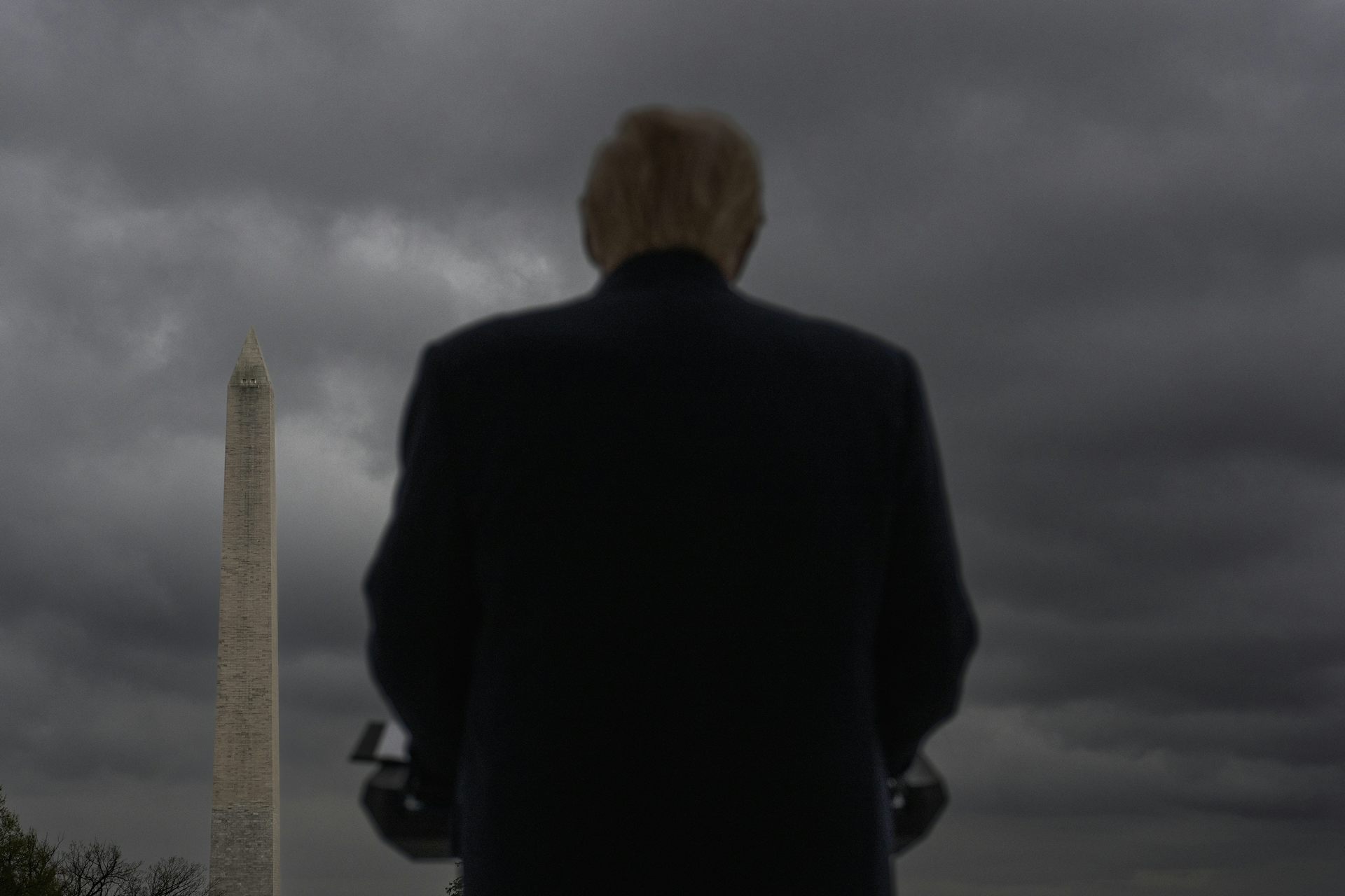 Donald Trump vu de dos, faisant face à l’obélisque du Washington Monument.