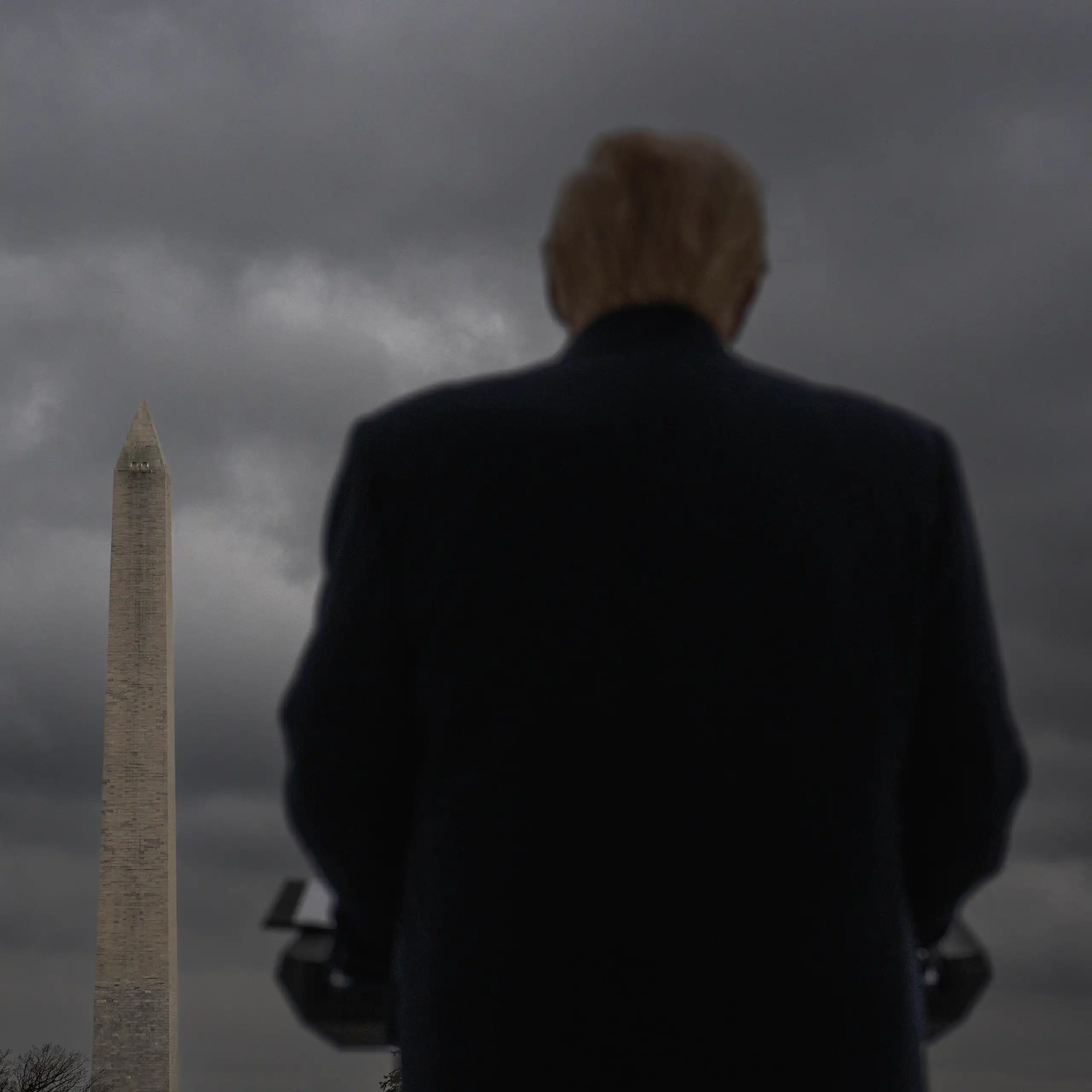 Donald Trump vu de dos, faisant face à l’obélisque du Washington Monument.