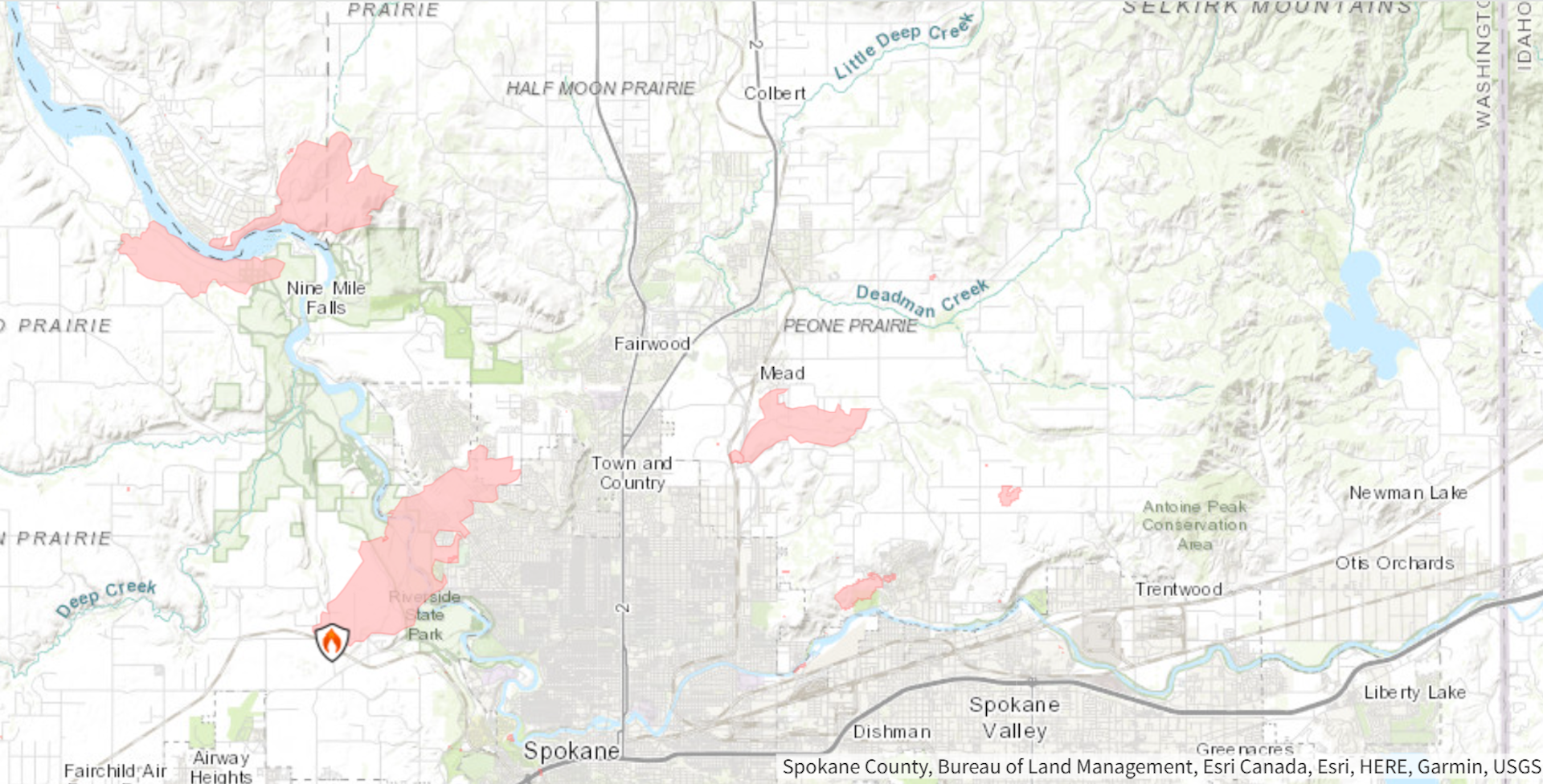 A map shows fires burning in neighborhoods near Spokane.