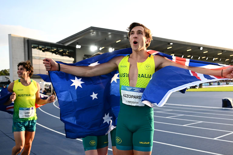 Joshua Azzopardi of Australia celebrates after winning gold in the men's 4x100m relay.