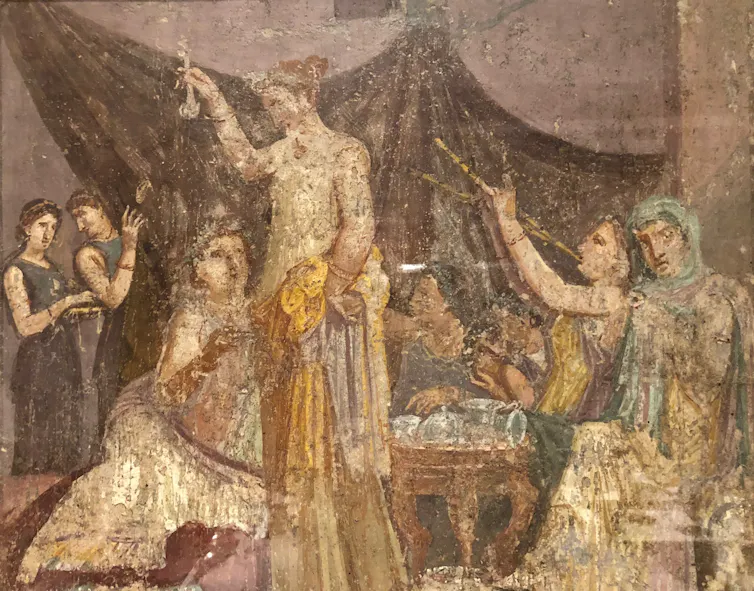 A 1st-century Roman fresco depicting a women-only musical dinner party.
