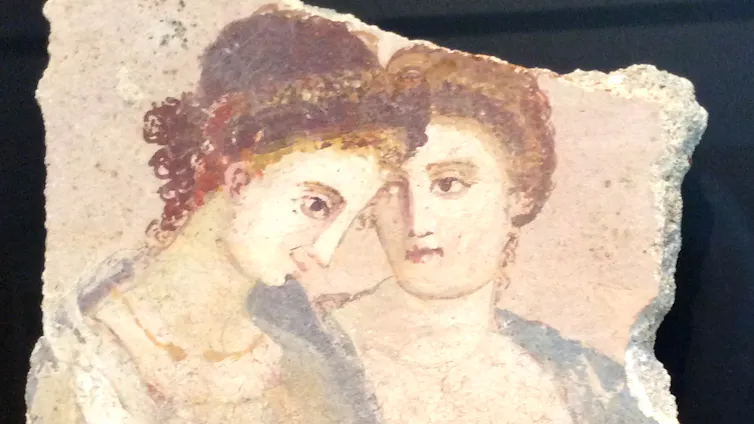 Wall fragment from a fresco with two Roman women.