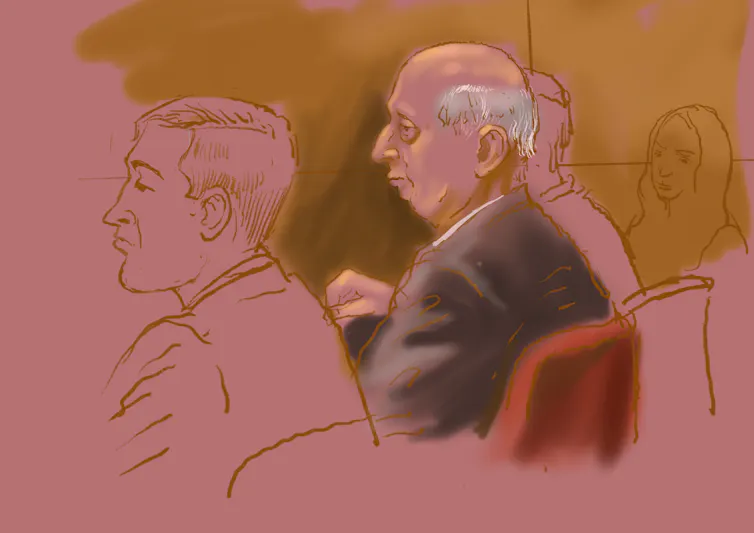 A courtroom sketch of Alan Jones on the first morning of his trial.