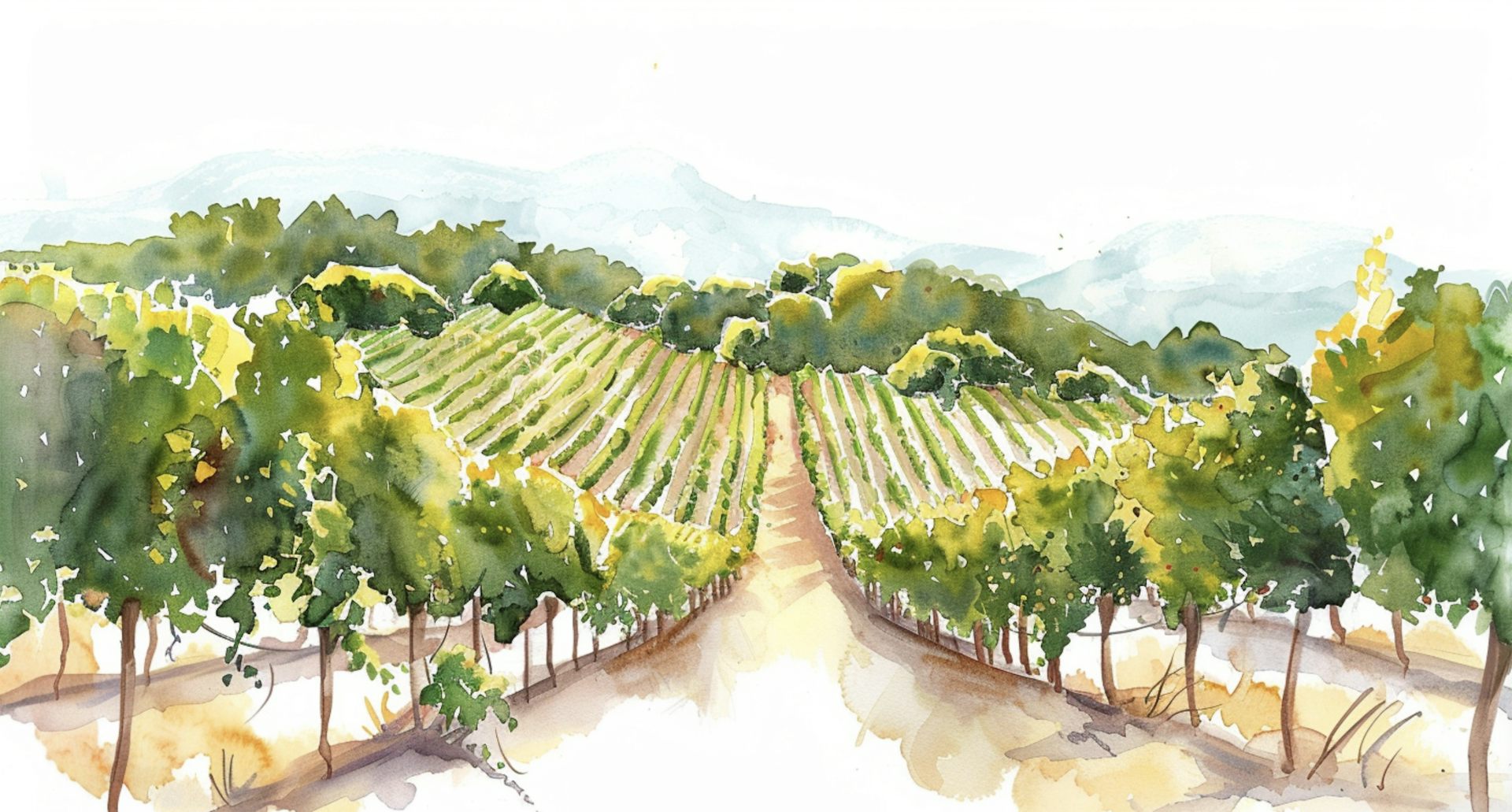 Dessin à l'aquarelle d'un coteau de vignes.