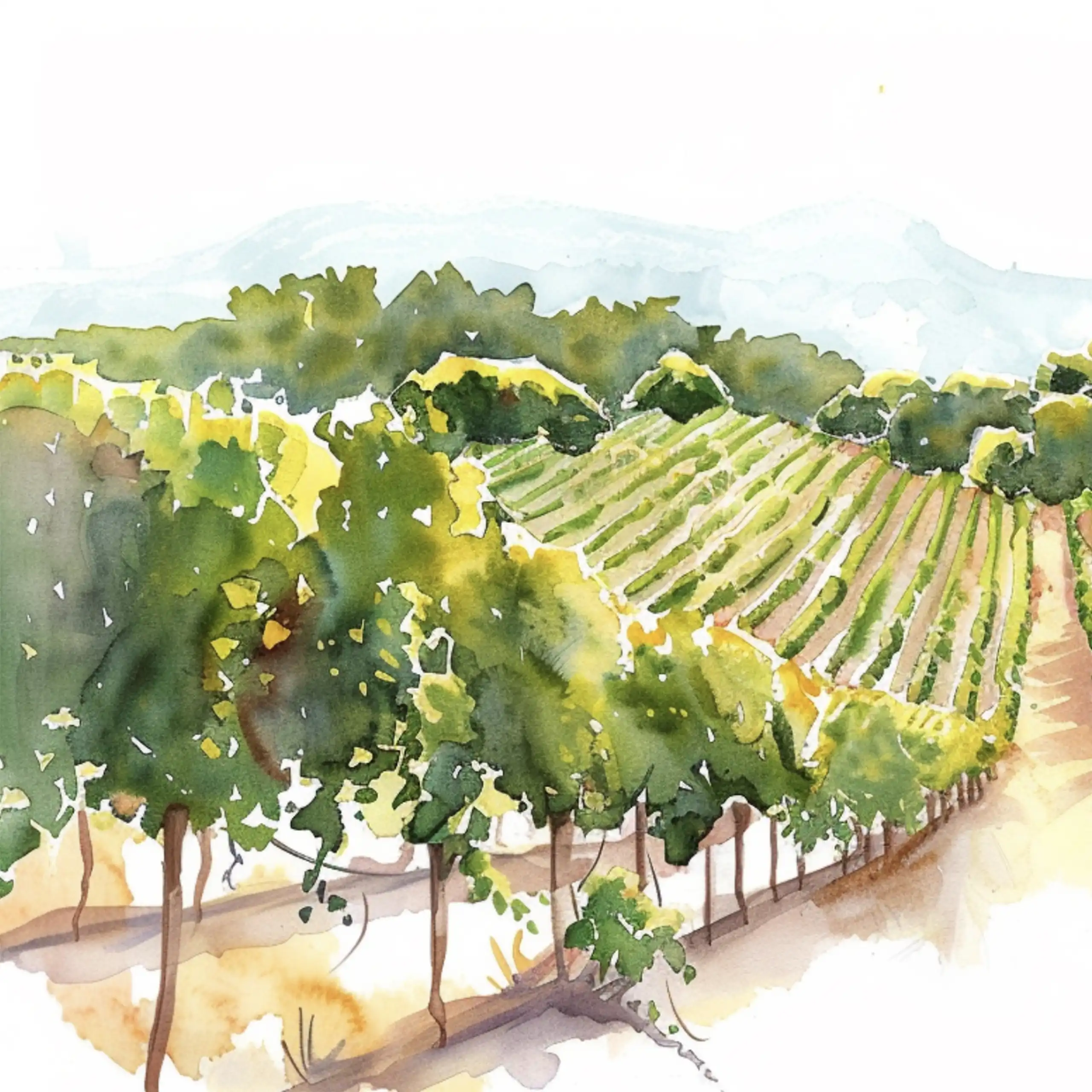 Dessin à l'aquarelle d'un coteau de vignes.