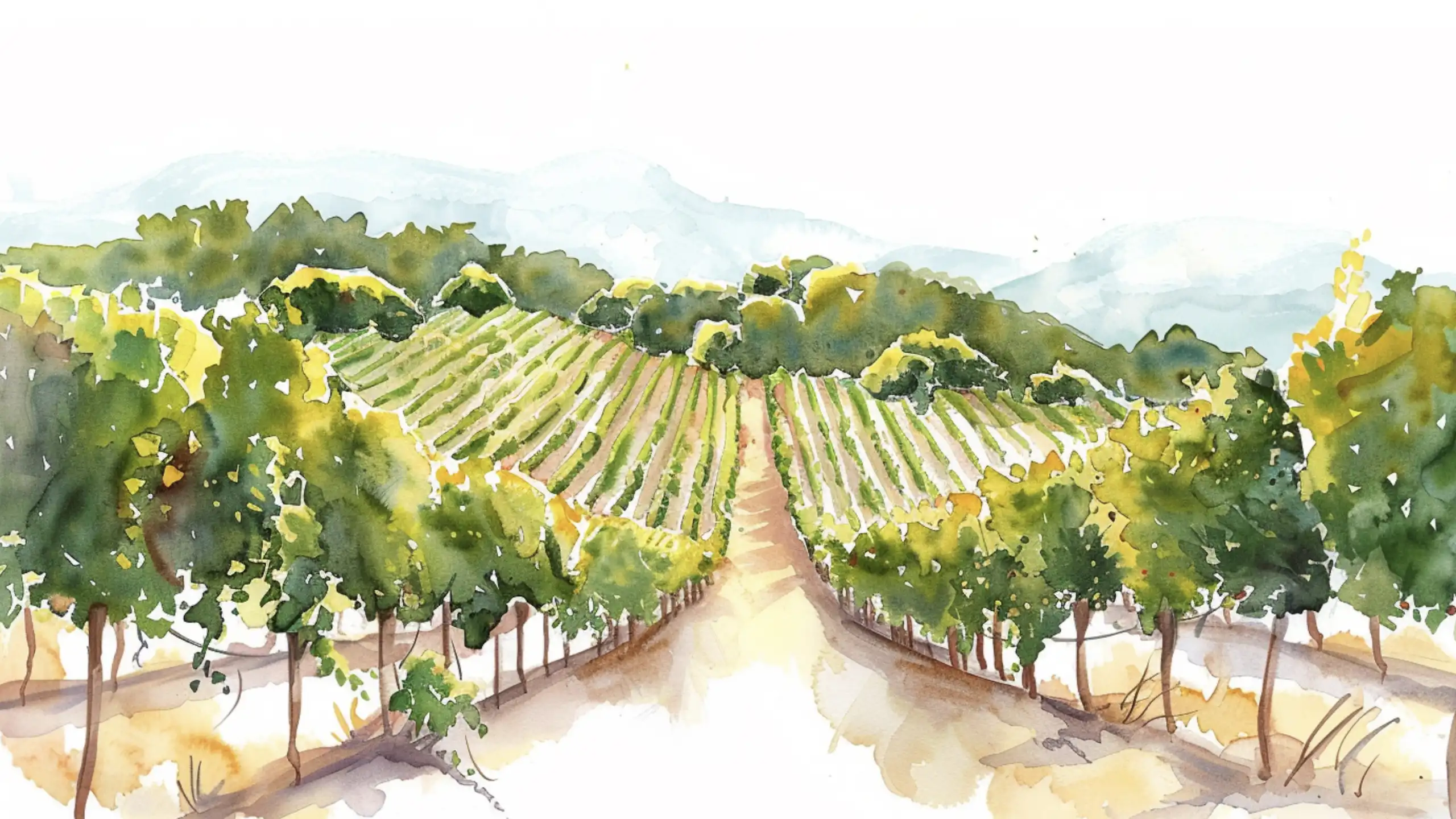 Dessin à l'aquarelle d'un coteau de vignes.