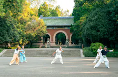 Five people doing exercise in a park