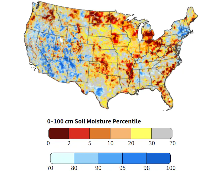 A U.S. map of soil moisture shows very low levels in the Spokane area.