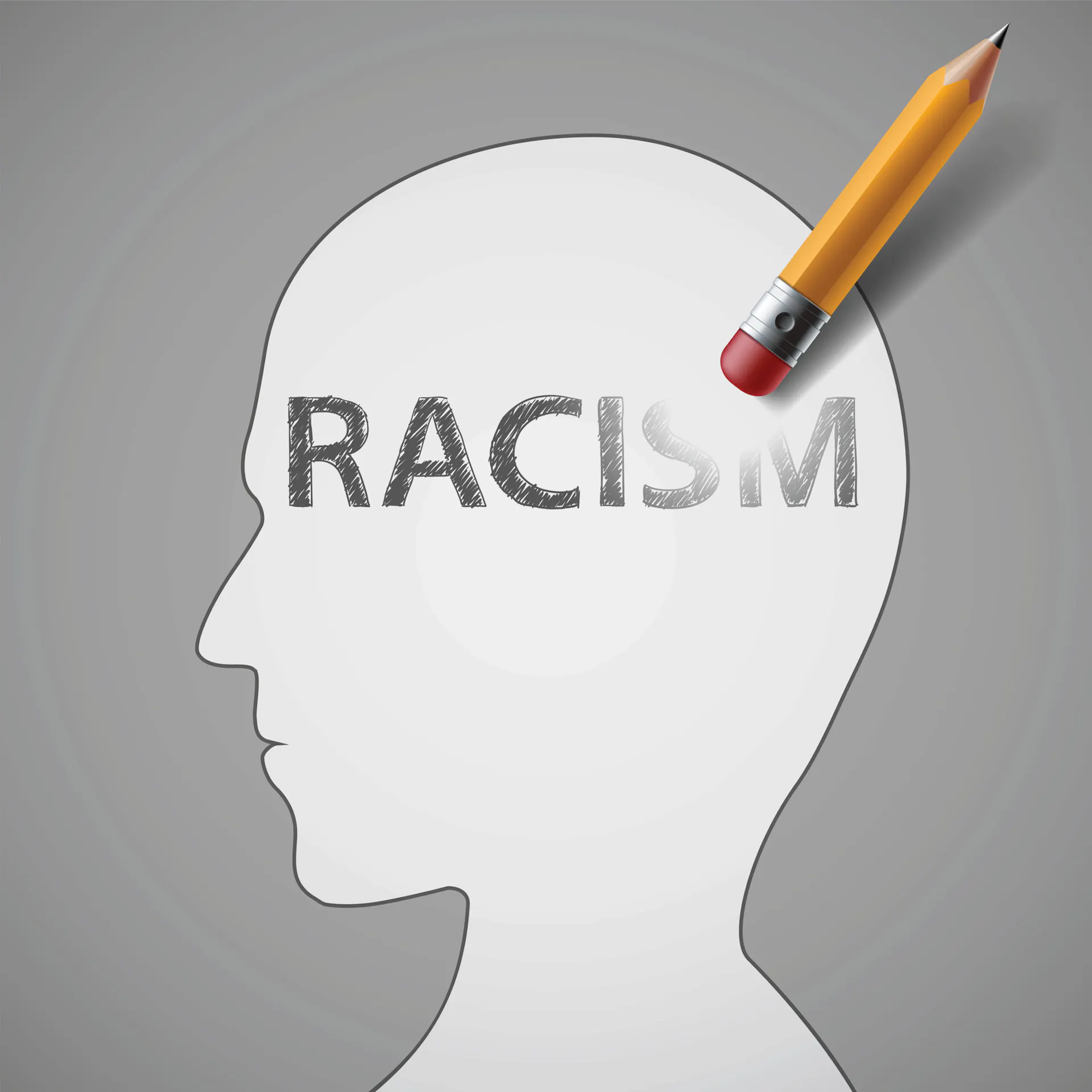 An eraser erases the word racism in the head.