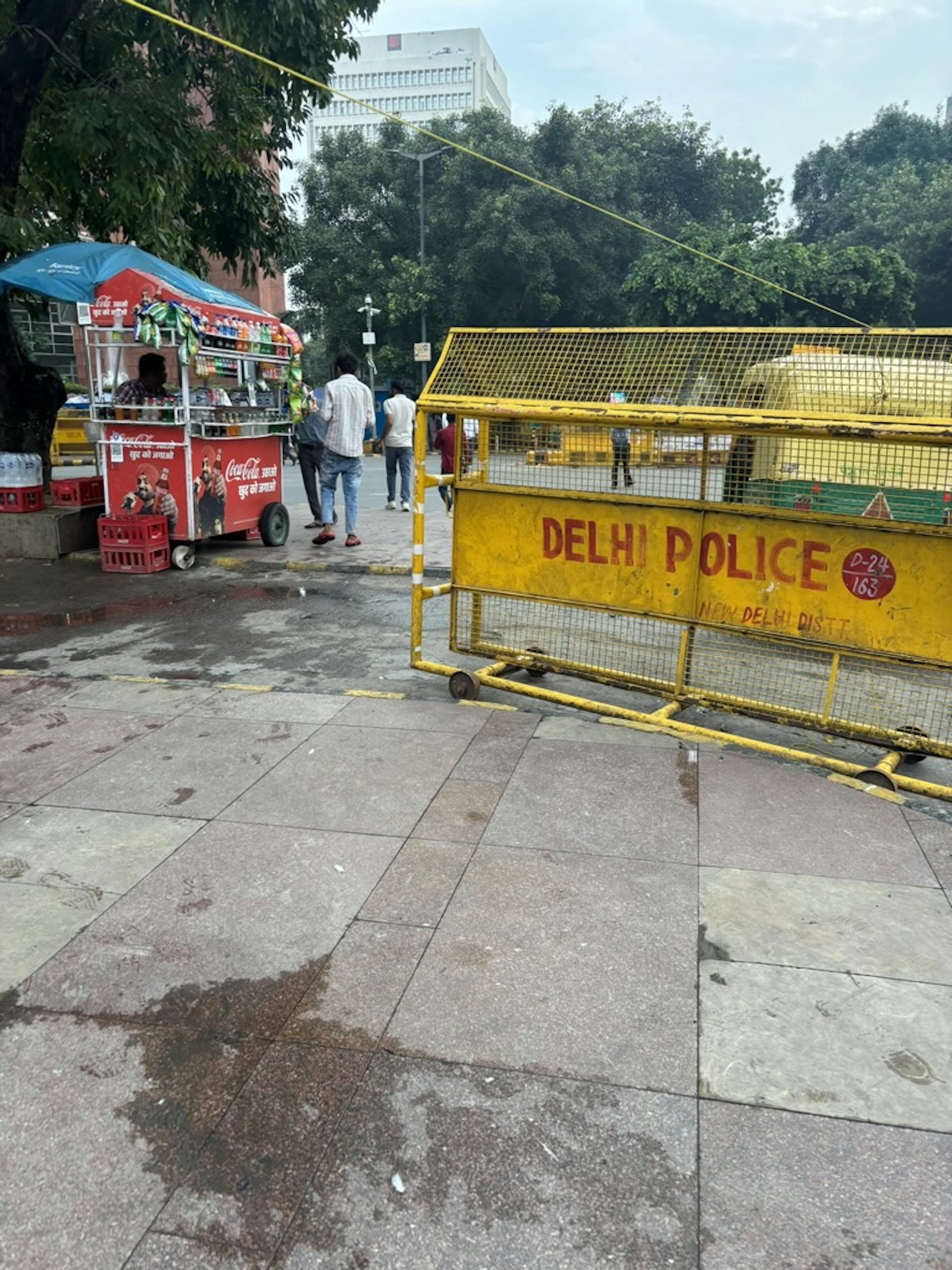 A derted square in New Delhi with police signs