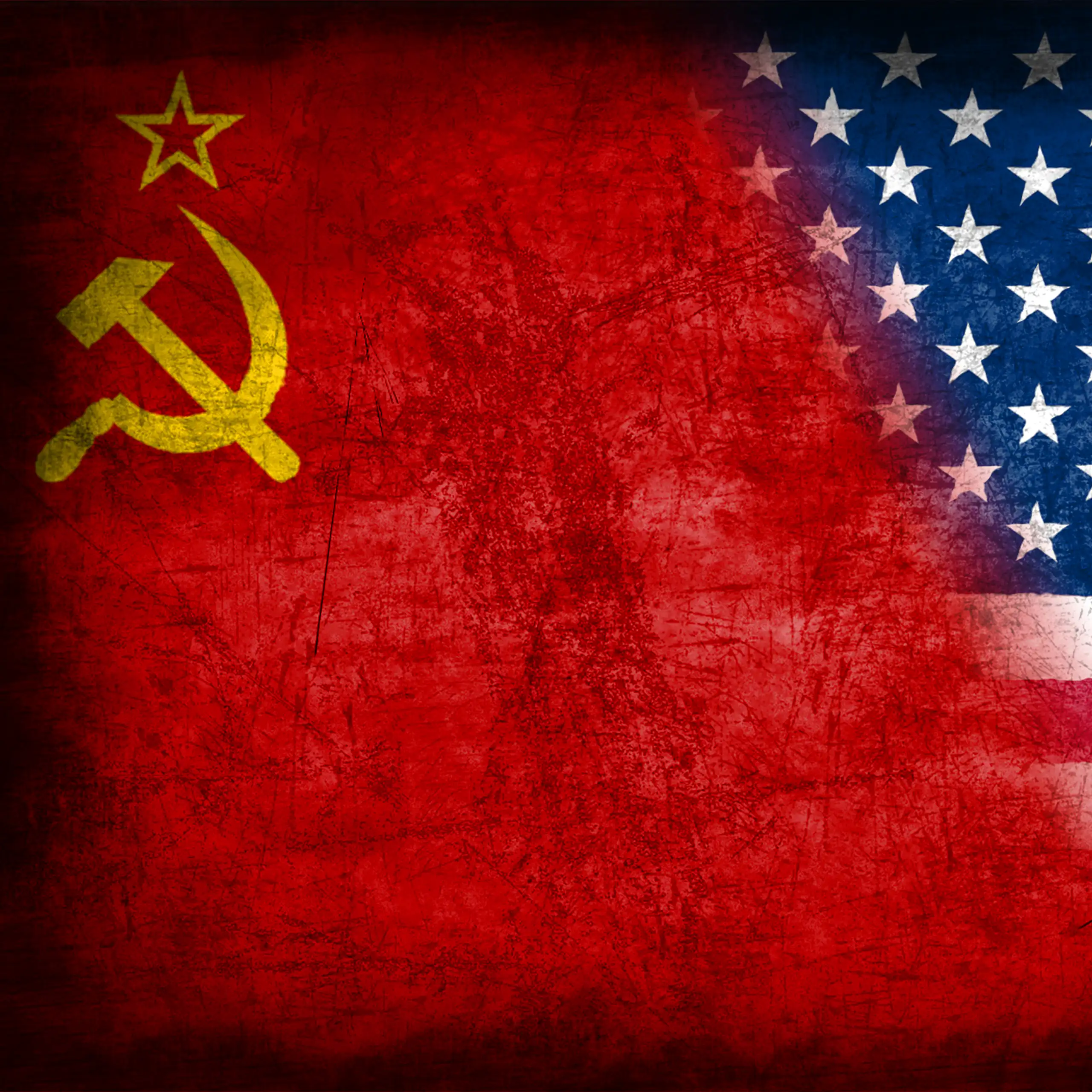 Soviet hammer and cycle flag and US flag blending together