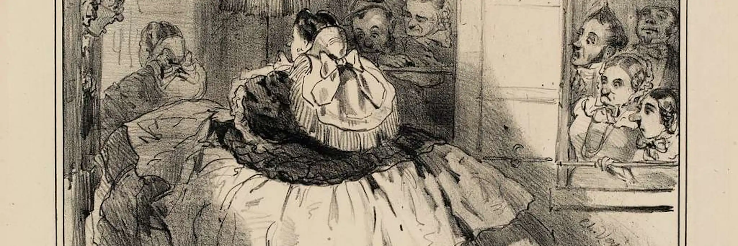Caricature montrant une femme dans une encombrante crinoline.