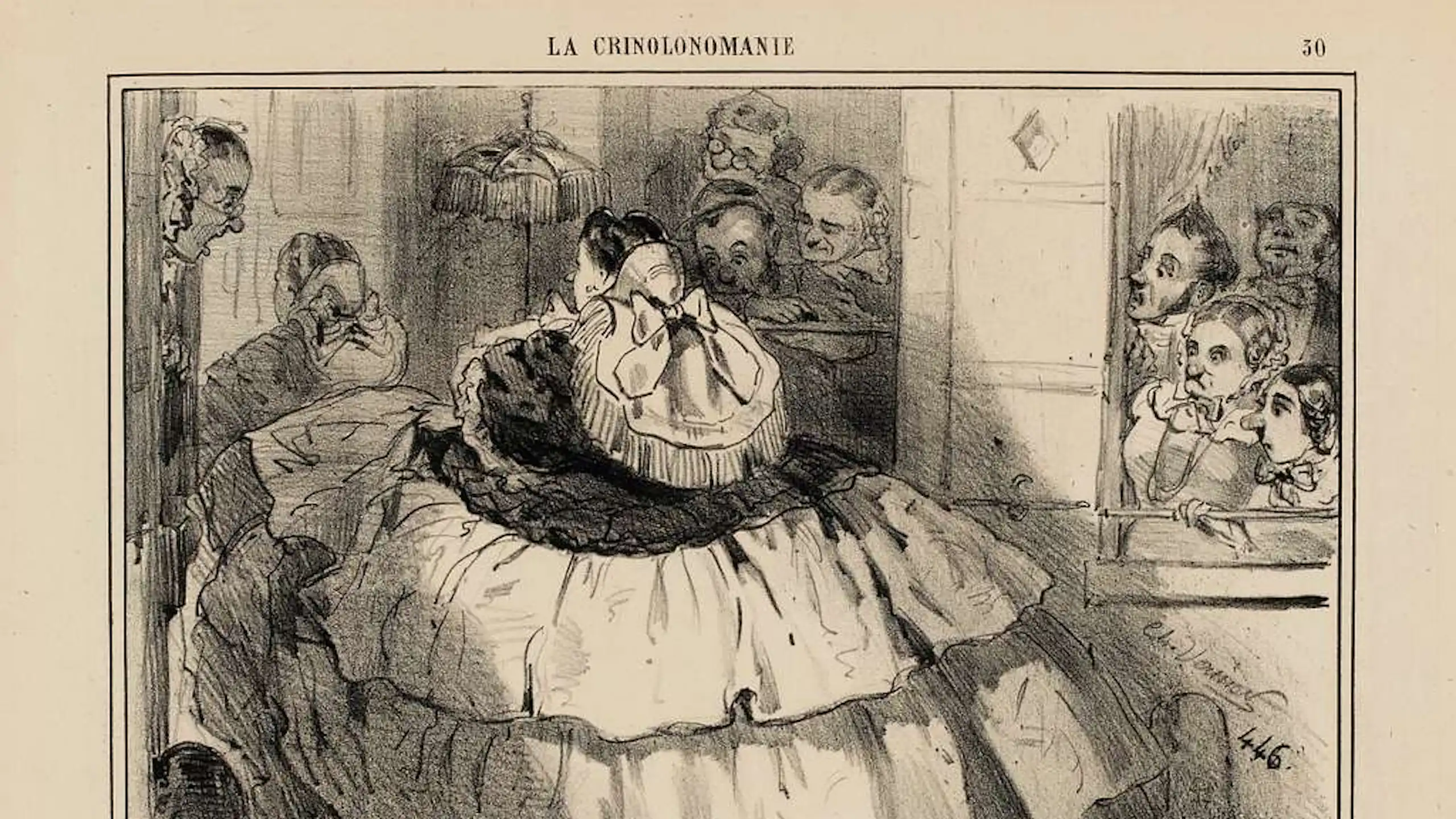 Caricature montrant une femme dans une encombrante crinoline.