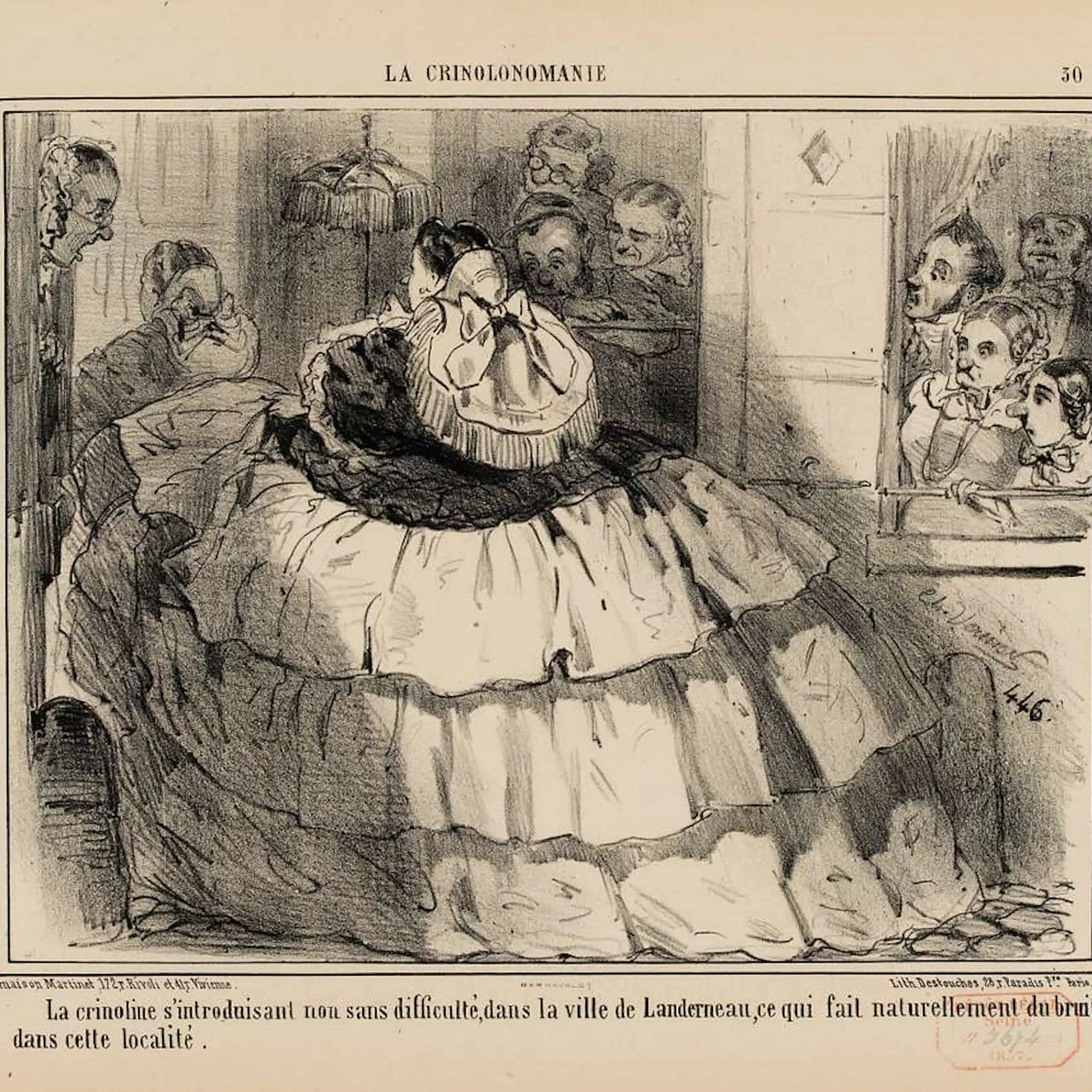 Caricature montrant une femme dans une encombrante crinoline.