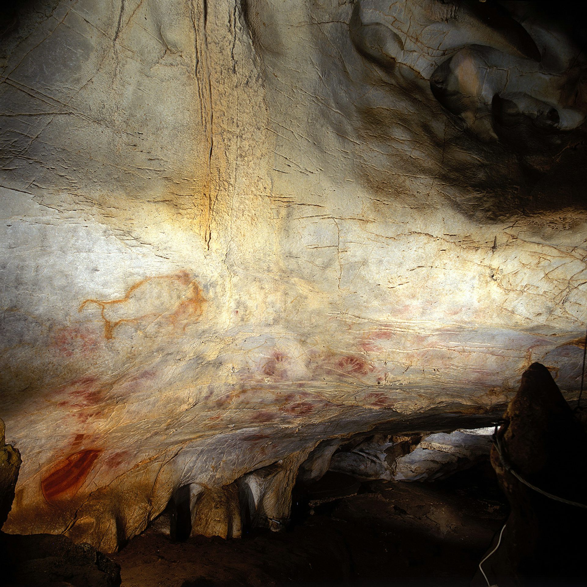 Hand paintings and an image of a bull on the wall of the El Castillo Cave.