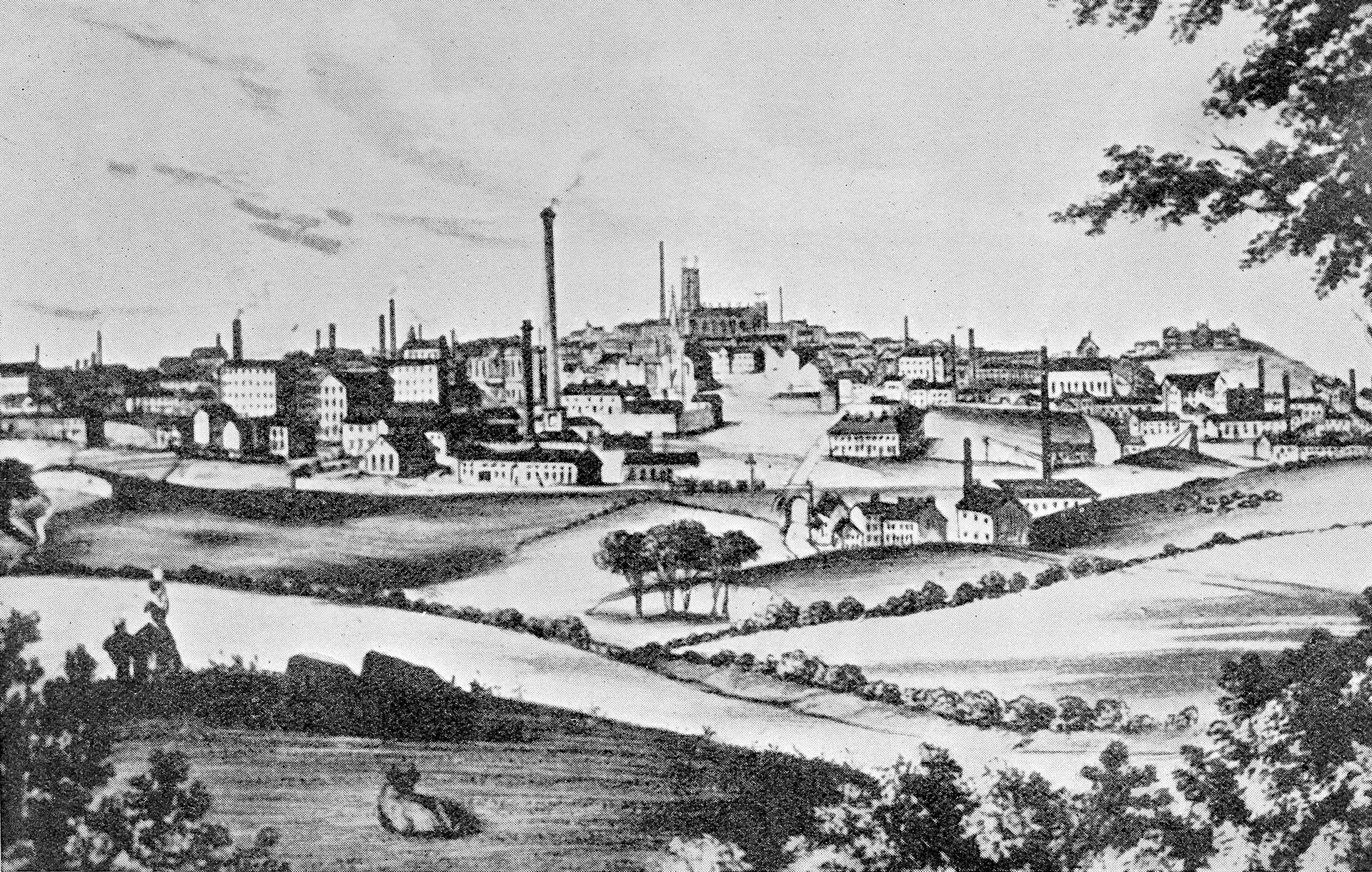 Black and white illustration of an industrialized countryside.