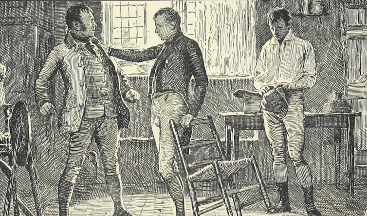 Drawing of a man with his hand on another man's shoulder, while a third bystander holds his hat between his hands and looks down.