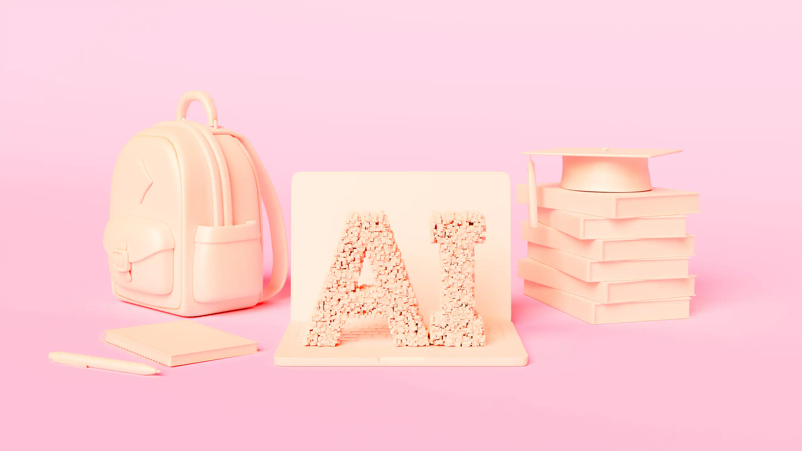 Peach-colored letters spelling AI rest next to a backpack and a pile of books with a graduation hat on top, against a light pink background.