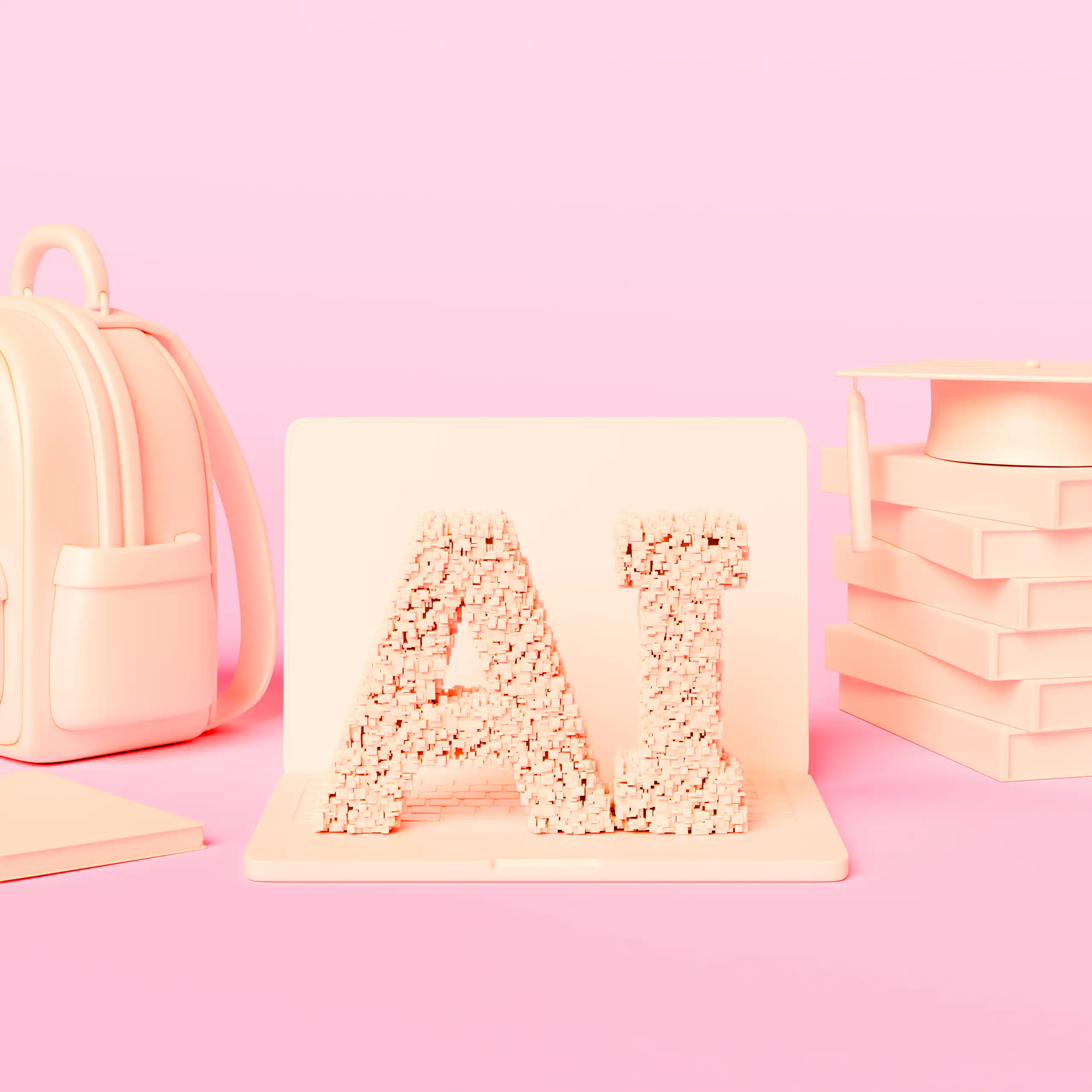Peach-colored letters spelling AI rest next to a backpack and a pile of books with a graduation hat on top, against a light pink background.
