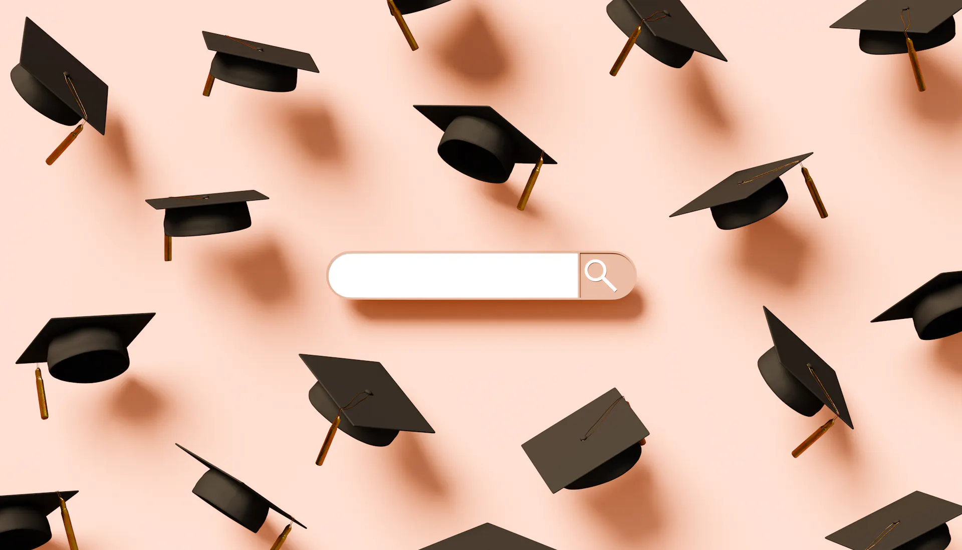 Graduation caps are seen floating around an empty search bar with a pink background.
