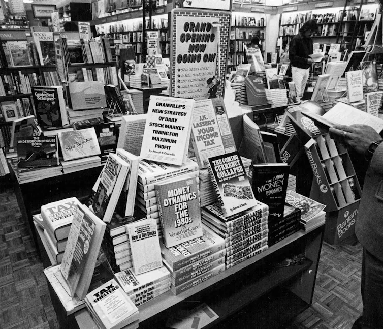 Business and money books on display at a bookstore in 1981.