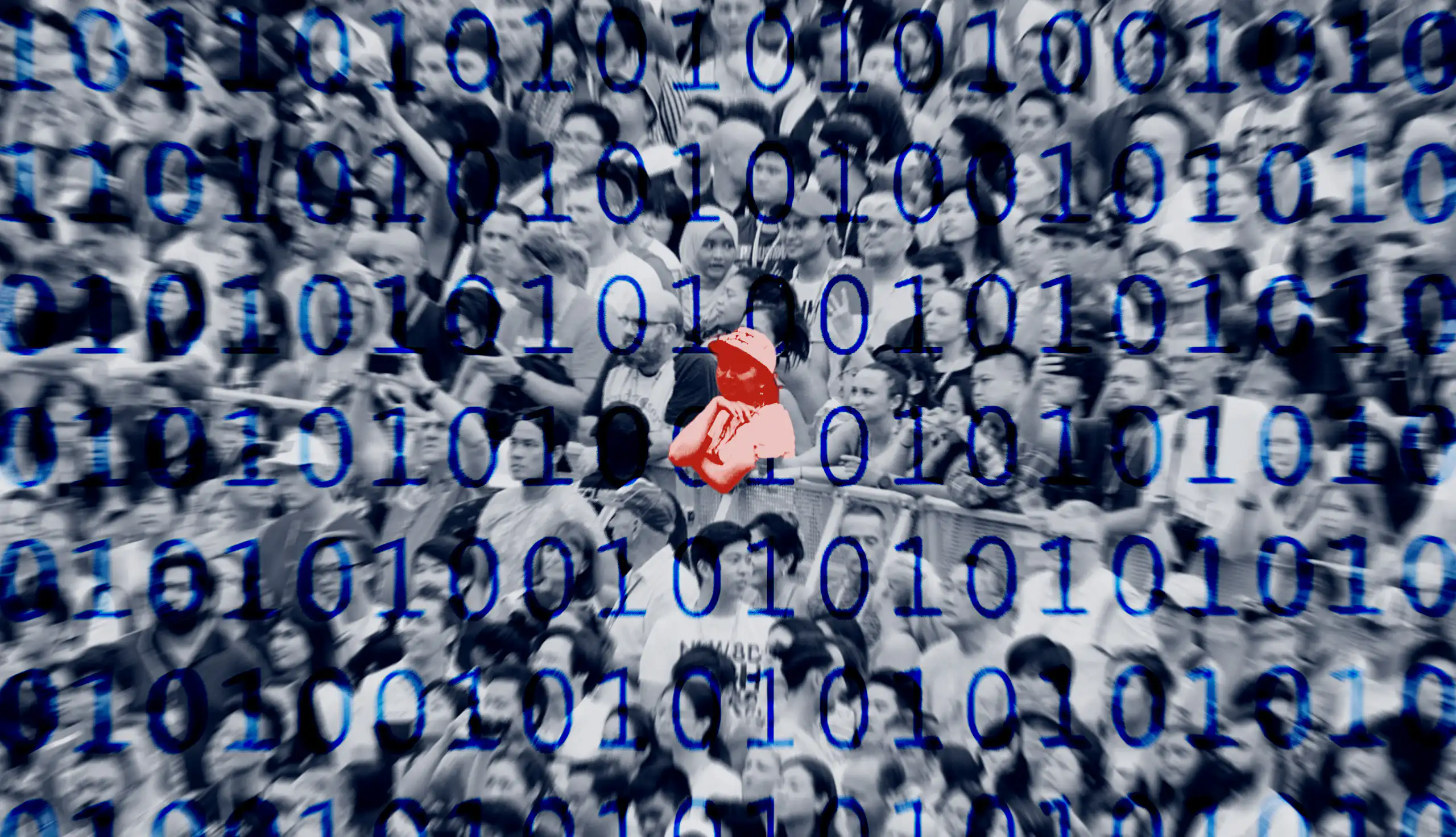 A crowd of people with binary code overlaid.