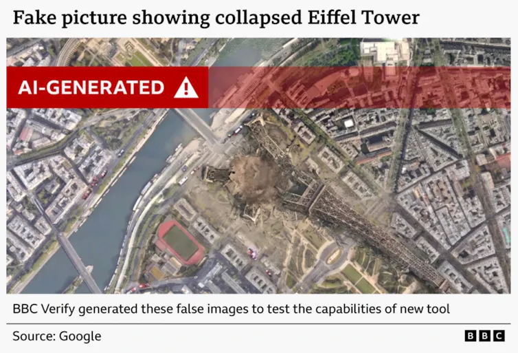BBC Verify's AI-generated image of the collapsed Eiffel Tower using Google Earth's Nano Banana 2 system.