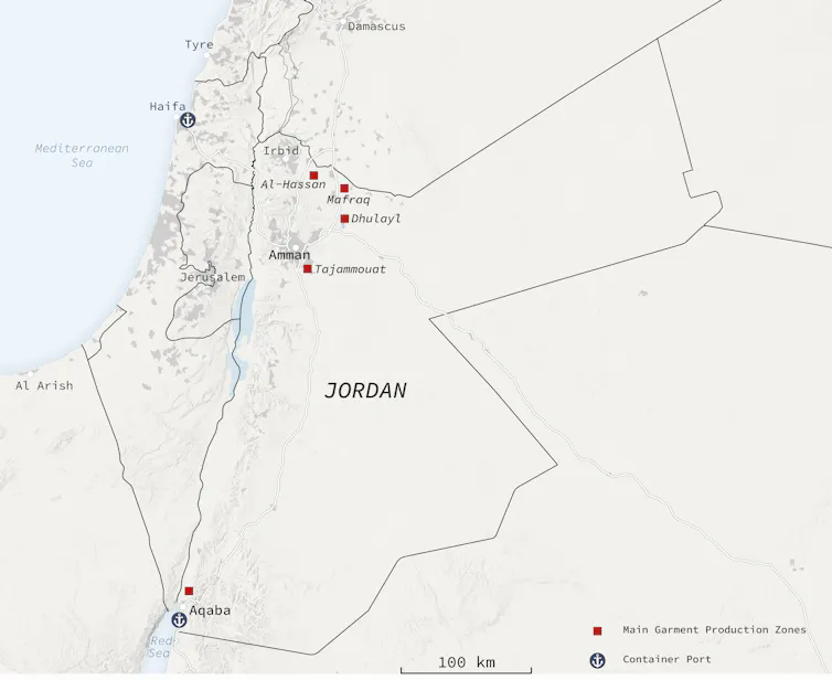 A map of Jordan’s largest industrial zones for clothing production