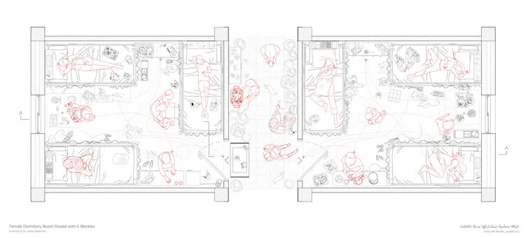 Top view of a women’s dormitory room, based on workers’ free-hand drawings.