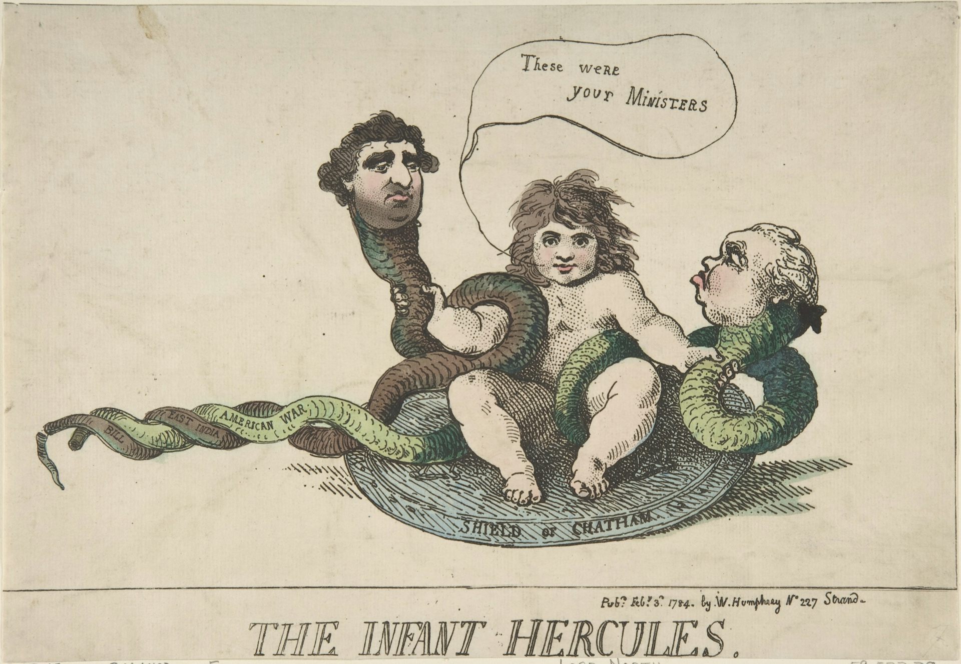 A line drawing of The Infant Hercules by Thomas Rowlandson