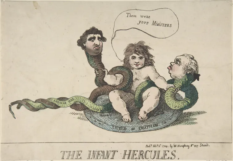 A line drawing of The Infant Hercules by Thomas Rowlandson