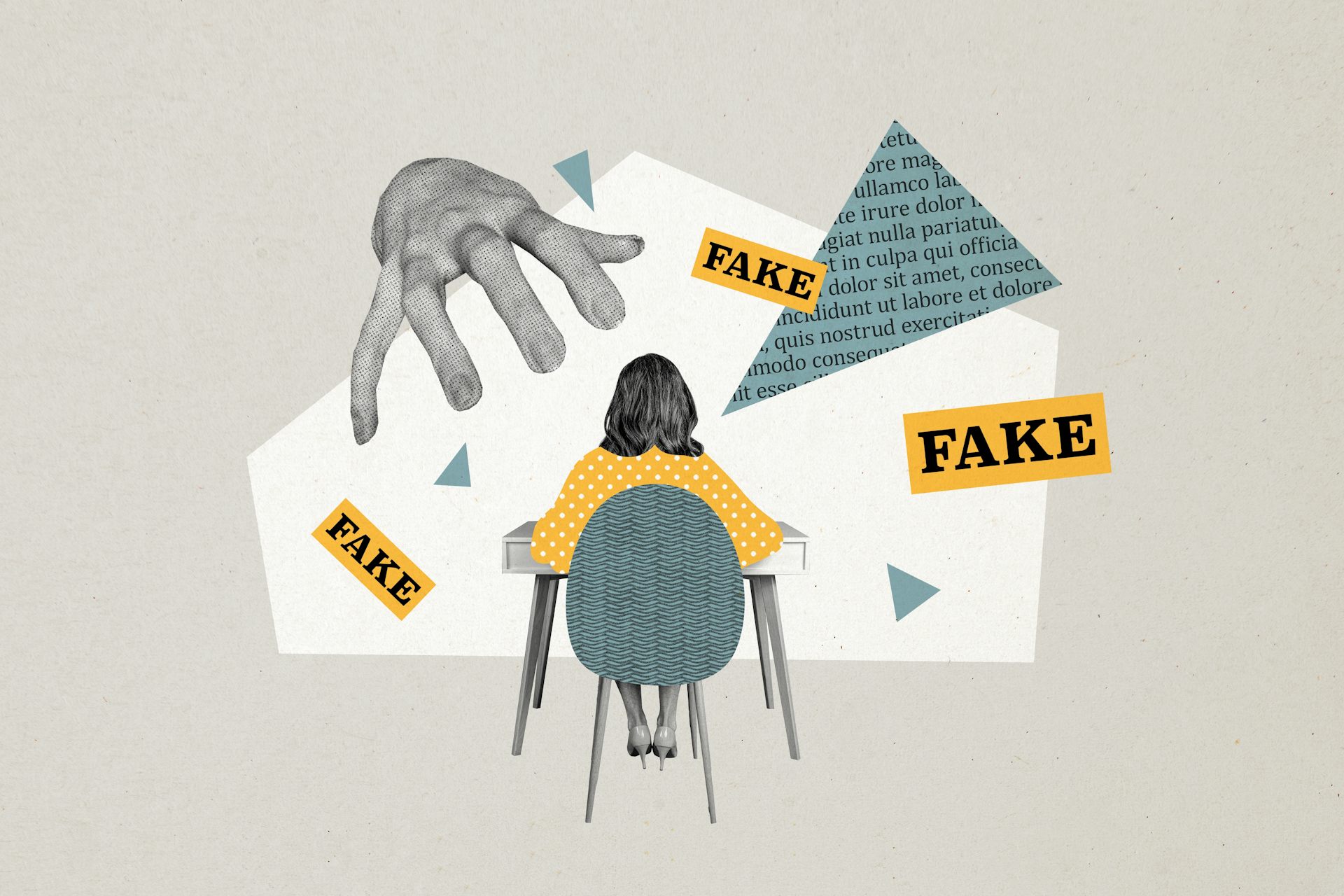 Composite photo collage of a person sitting at a chair with a manipulative hand hanging over them.