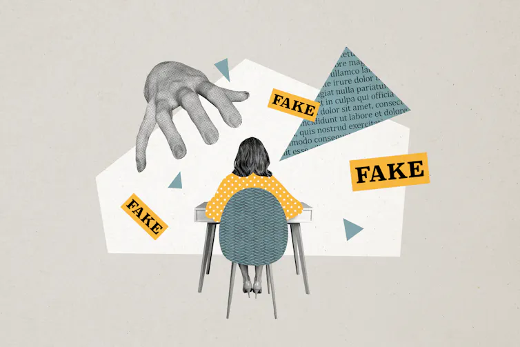 Composite photo collage of a person sitting at a chair with a manipulative hand hanging over them.