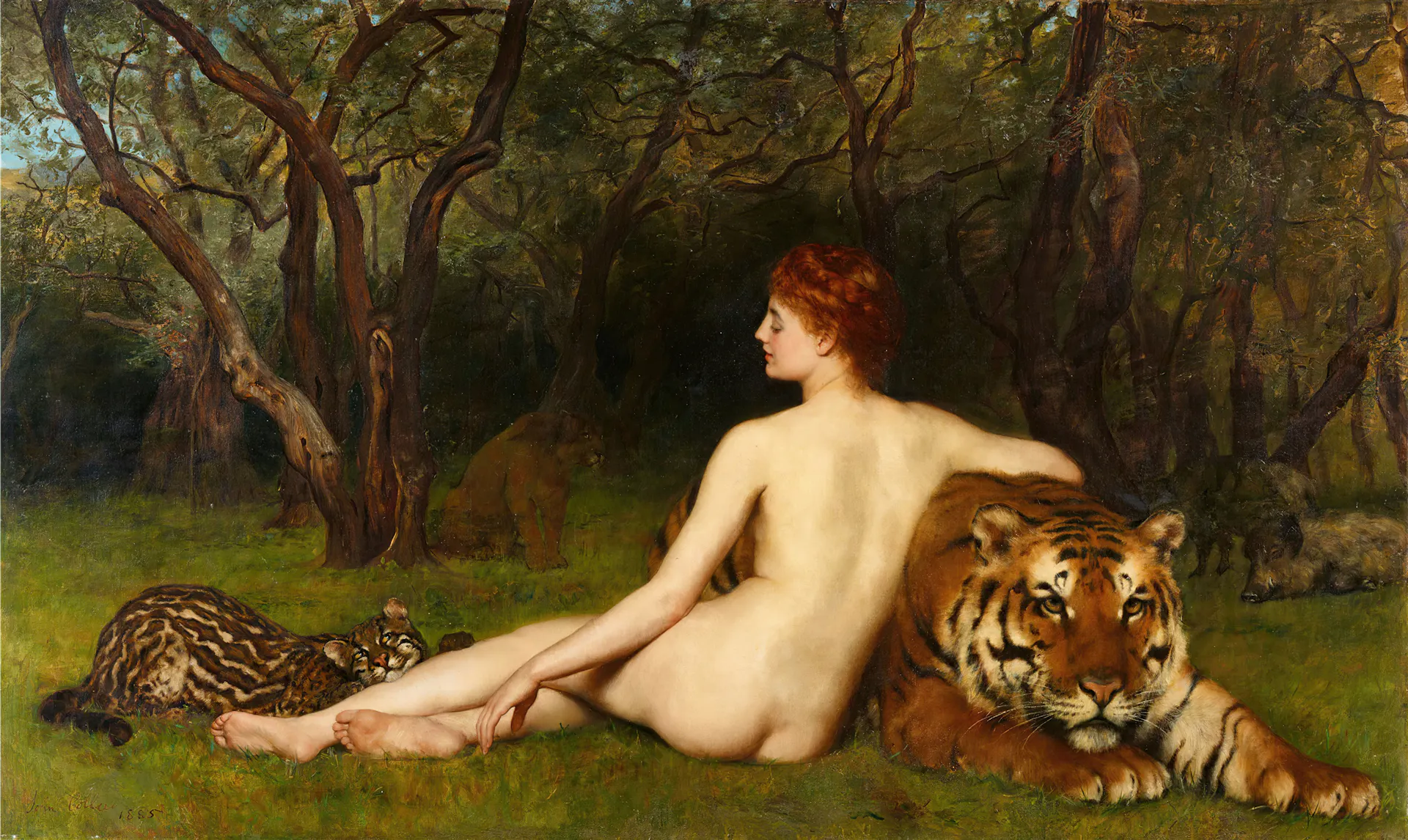 A painting of a young, nude woman with pale skin lying on grass while hugging a tiger, with the tiger's cub nuzzling up against her legs.