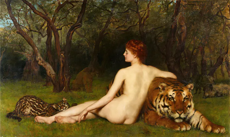 A painting of a young, nude woman with pale skin lying on grass while hugging a tiger, with the tiger's cub nuzzling up against her legs.