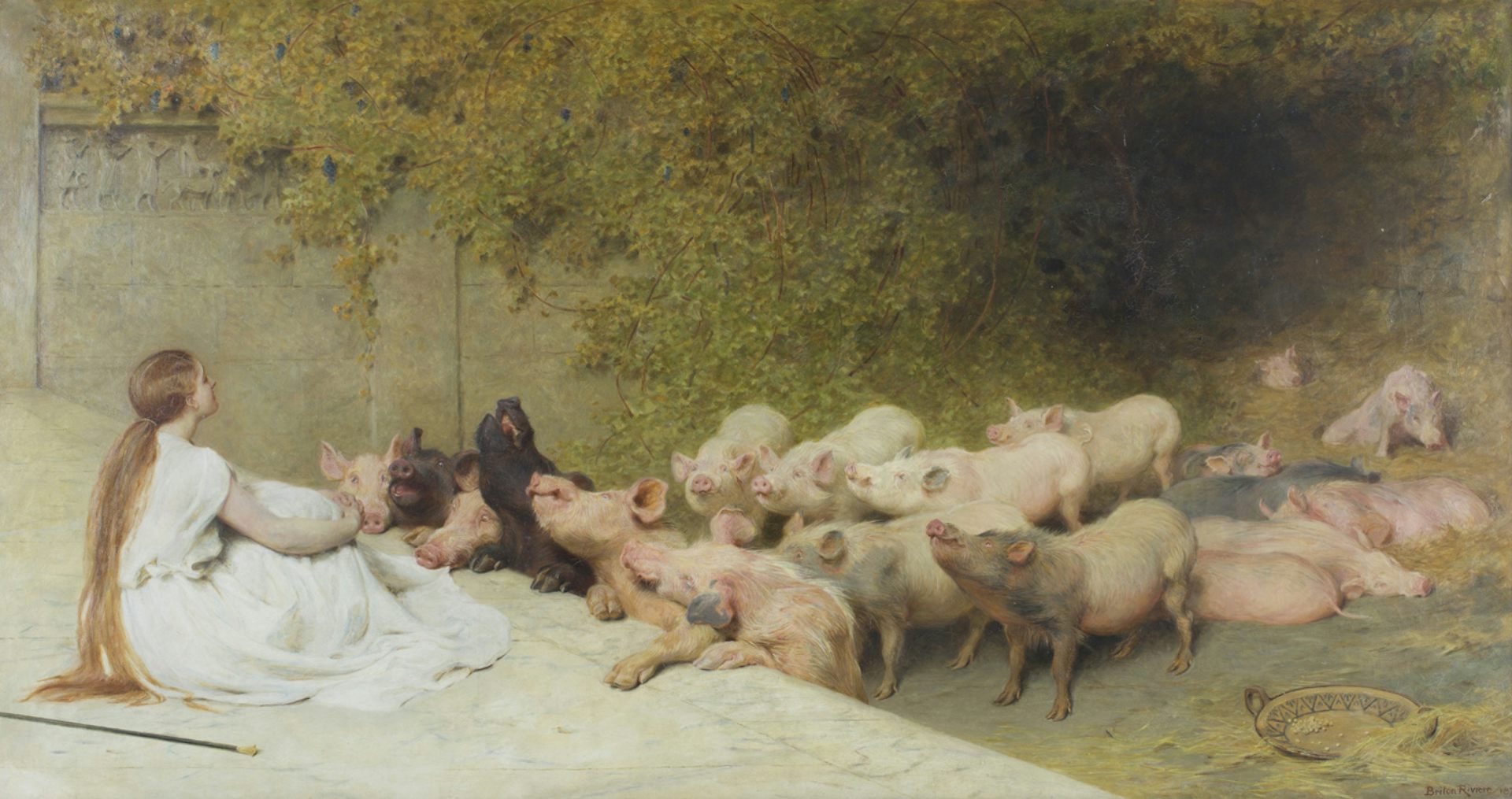 A young woman with long hair wearing a white dress sits on the ground as a large group of pigs stand at attention before her.