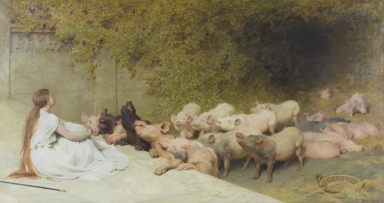 A young woman with long hair wearing a white dress sits on the ground as a large group of pigs stand at attention before her.