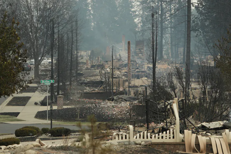 Driveways, sidewalks and yards are evident among the burned debris of homes and scorched tree trunks.