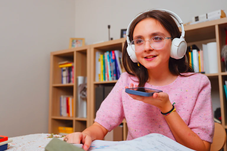 A girl wearing headphones and holding to a smartphone