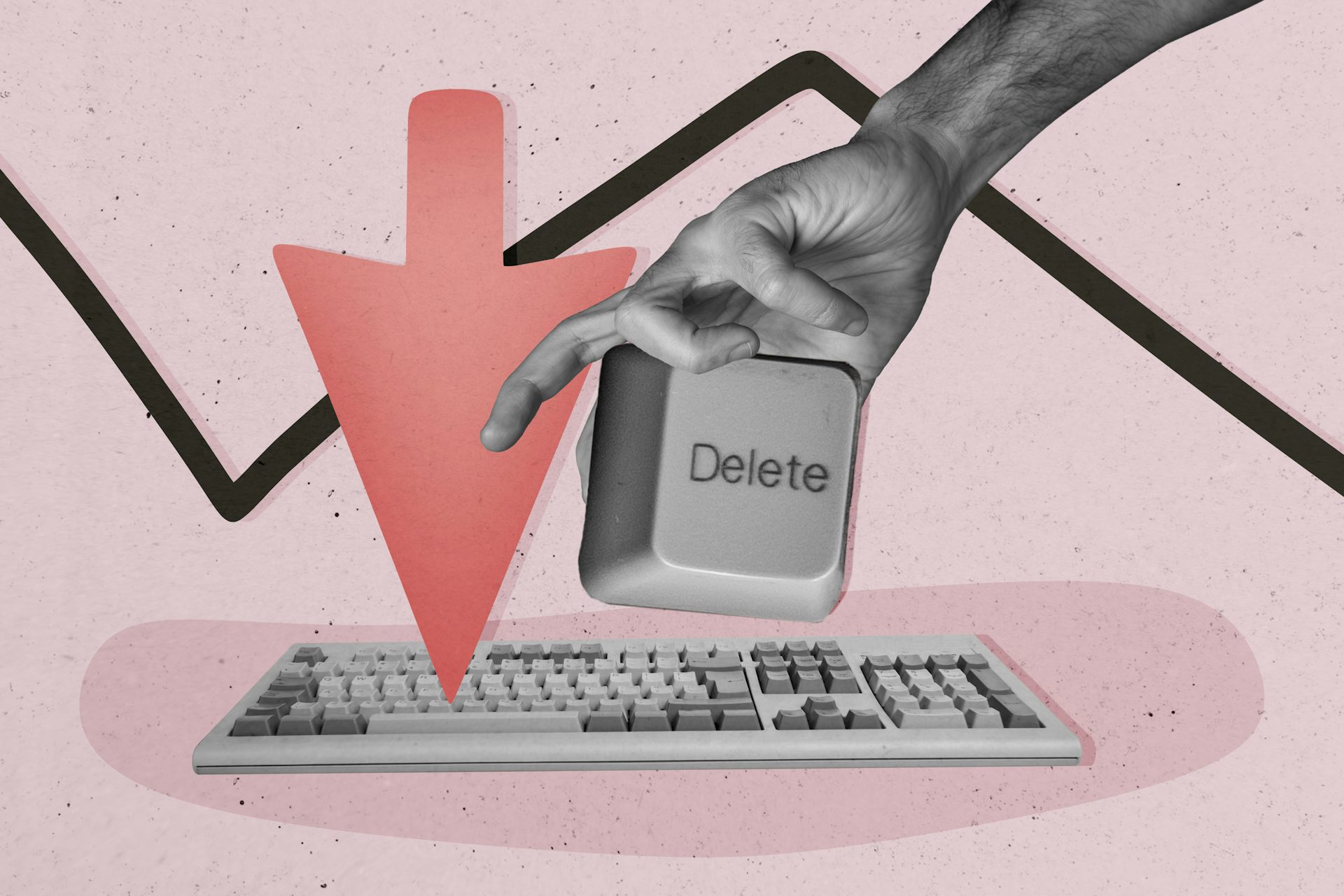 Ilustração de uma mão segurando uma grande tecla “delete” de computador acima de um teclado