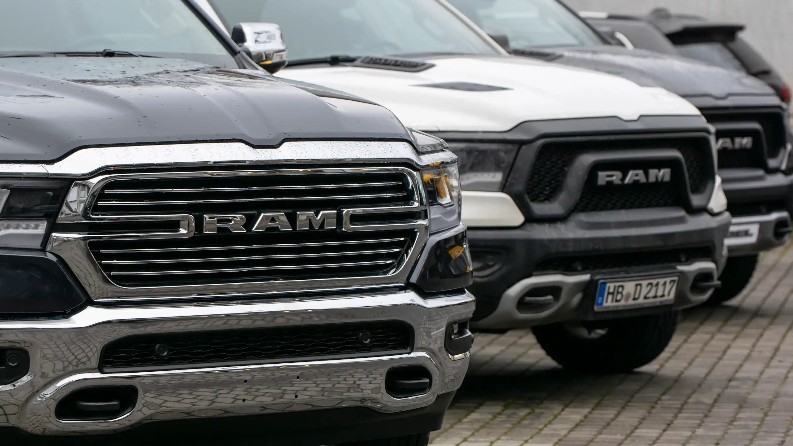 RAM pick-up trucks are seen at a public parking lot.