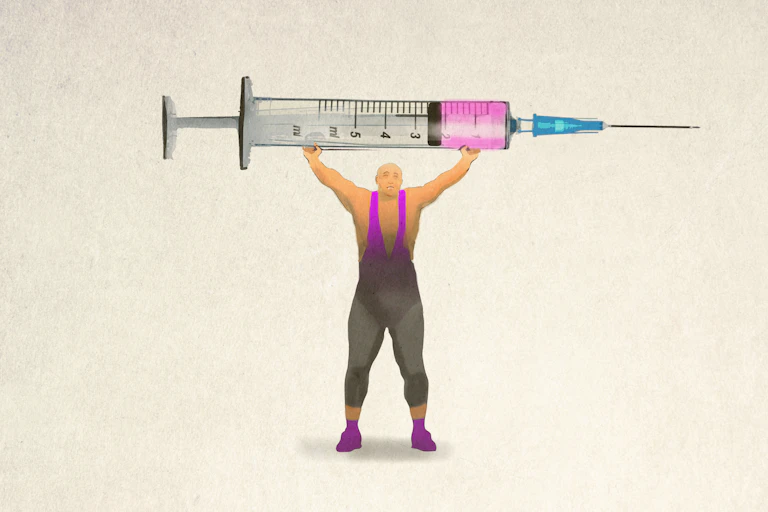 Illustration of strongman in bodysuit holding a giant syringe over his head like it's a barbell