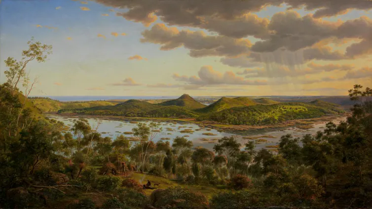 historic painting of a lake and mountains in Australia, lots of forest.