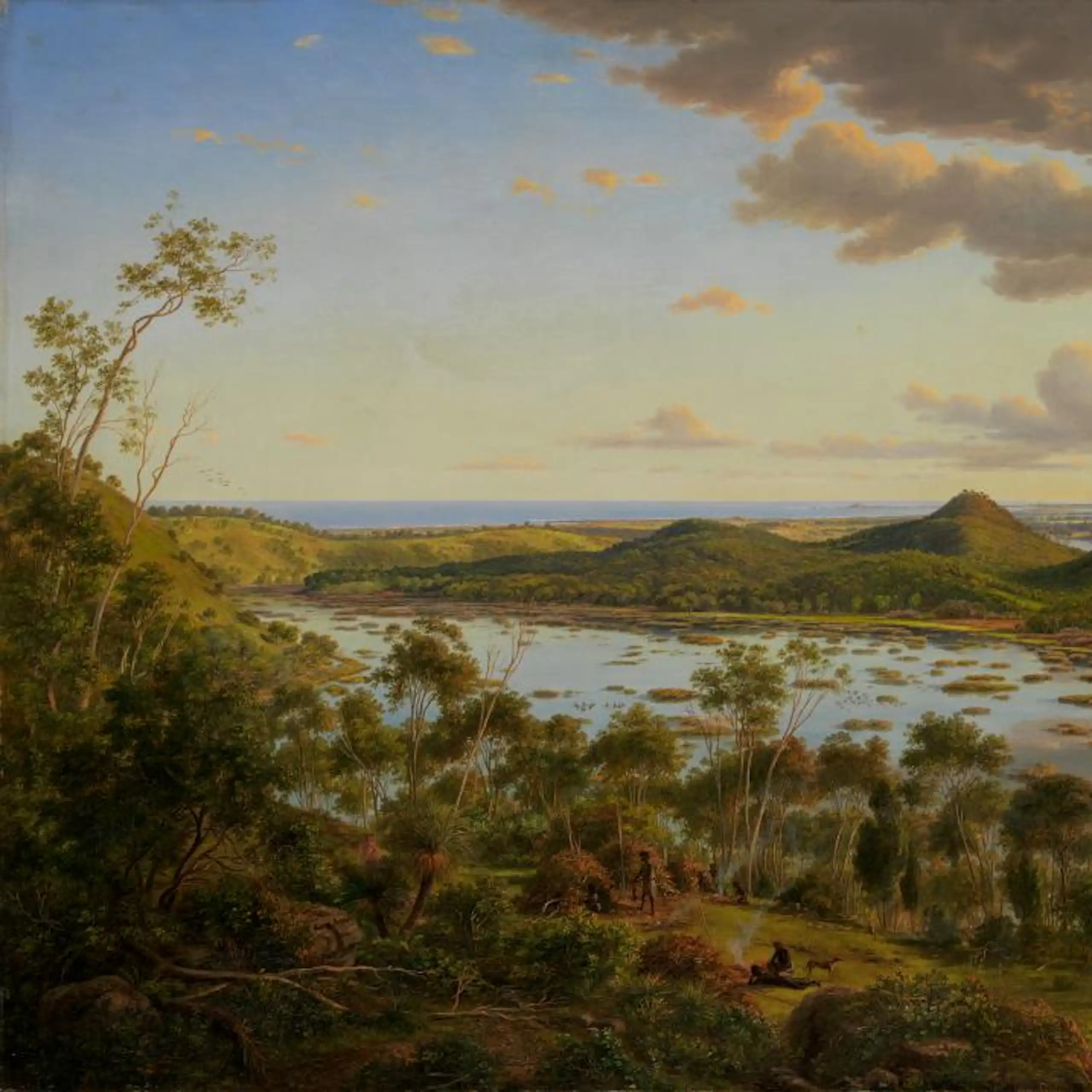 historic painting of a lake and mountains in Australia, lots of forest.